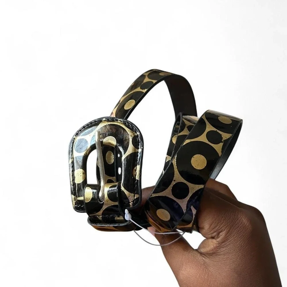Skinny Belt Black Gold Circle Print Statement Buckle Groovy Retro Y2K Mod 49inch
